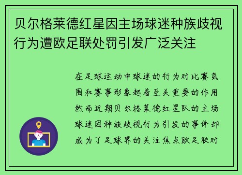 贝尔格莱德红星因主场球迷种族歧视行为遭欧足联处罚引发广泛关注