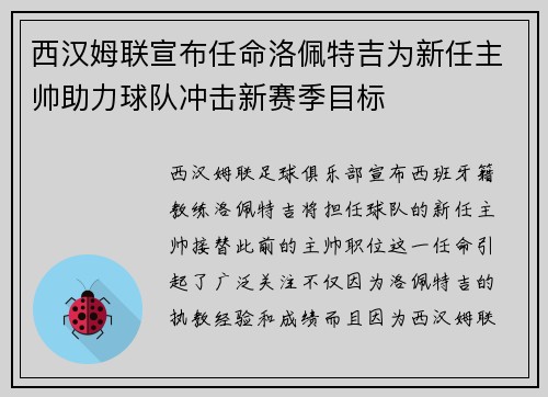 西汉姆联宣布任命洛佩特吉为新任主帅助力球队冲击新赛季目标